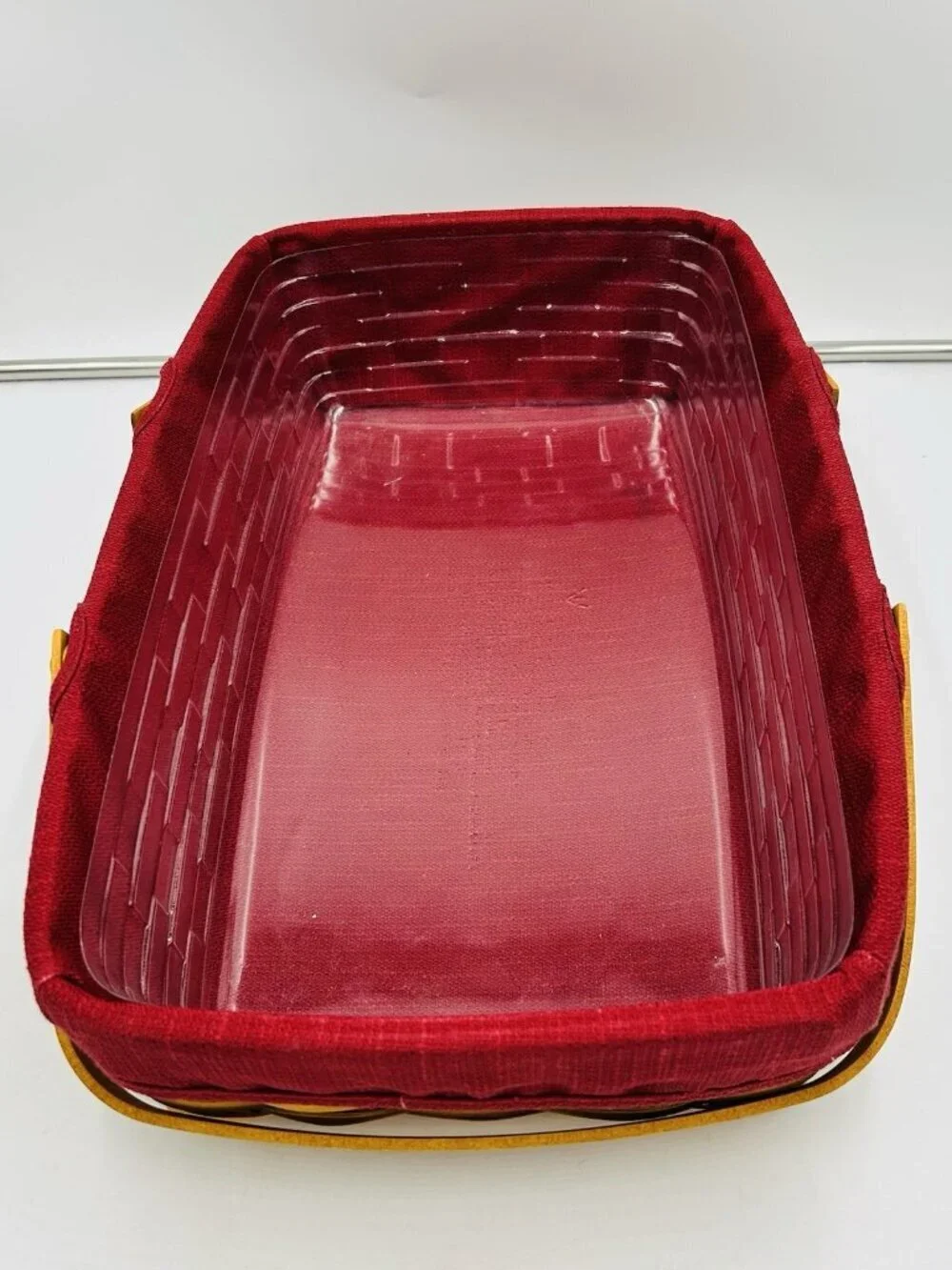 Longaberger Hostess Basket Two Handles Wooden Lid Red Fabric Plastic Liner 2002